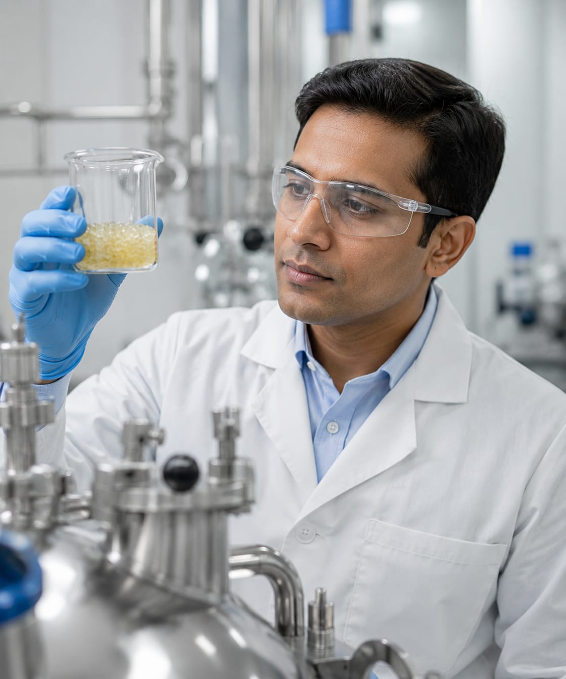 Engineer inspecting ion exchange resin beads during quality control